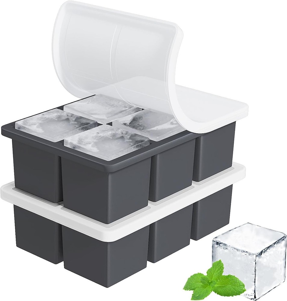 2Pack Large Ice Cube Molds Tray with Lid,Stackable Big Silicone Square Cube Mold