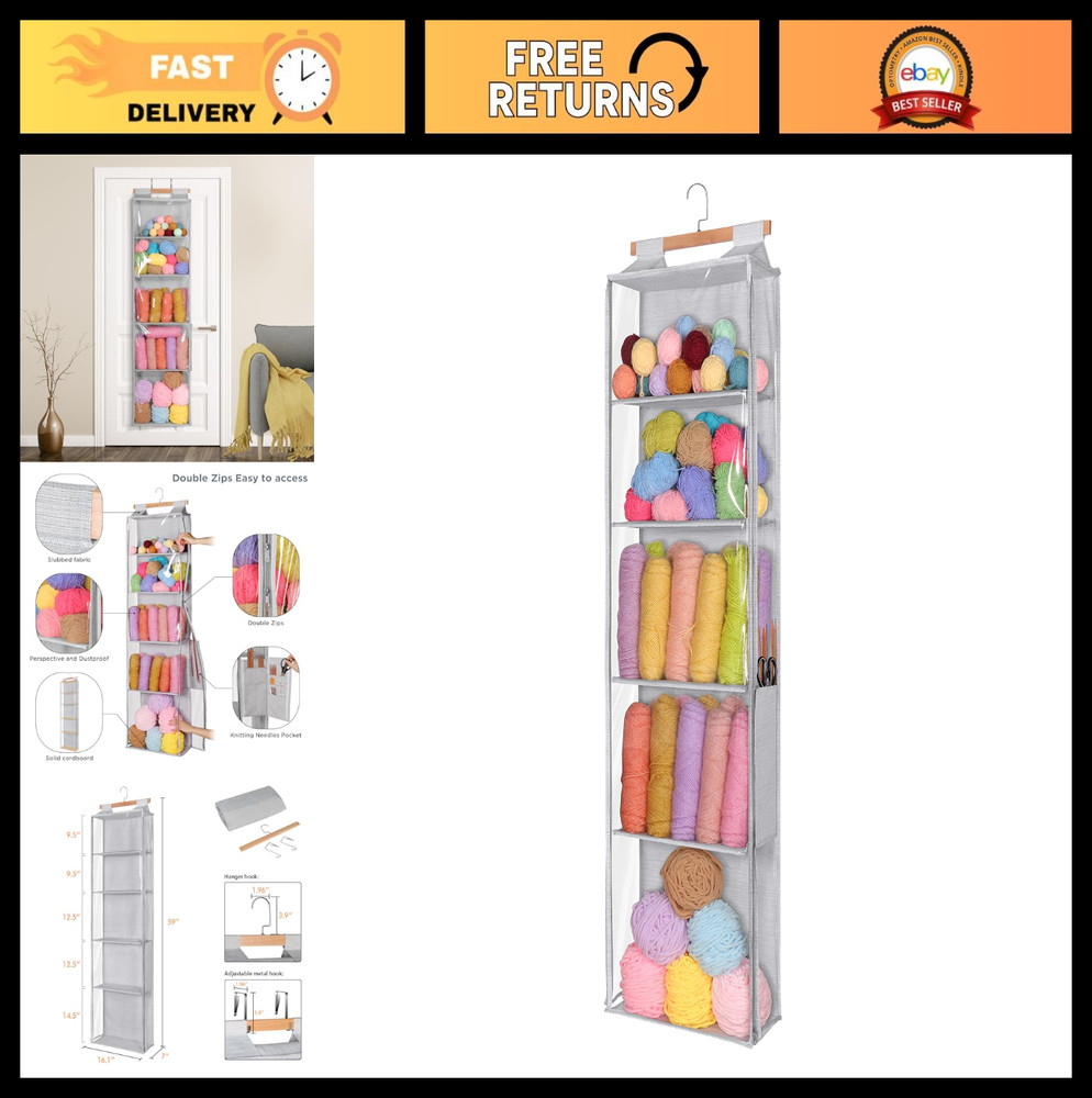 Hanging Yarn Storage Organizer with 5 Large Pockets, Knitting & Crochet Accessor