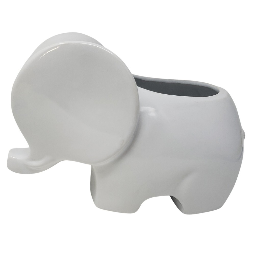 White Gloss Glazed Elephant Planter Ceramic Short Round 6" Long 4" Tall MOD