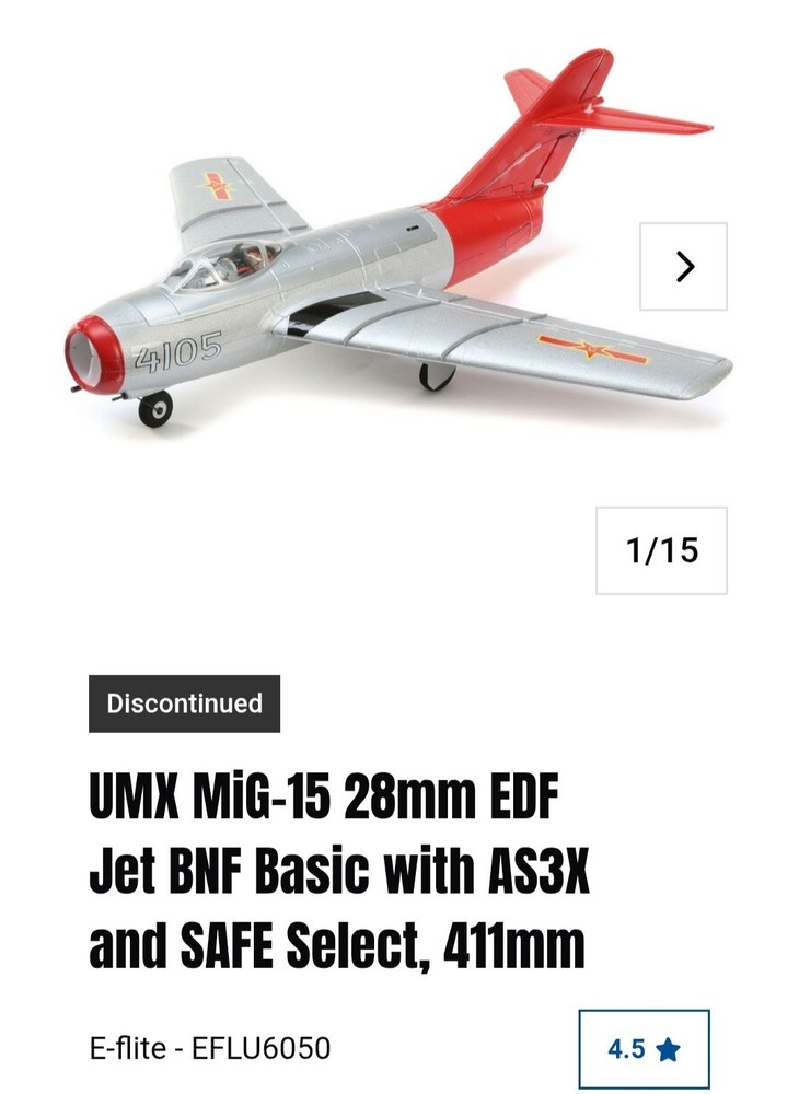 New UMX MiG-15 28mm EDF Jet BNF Basic with AS3X and SAFE Select E-flite EFLU6050