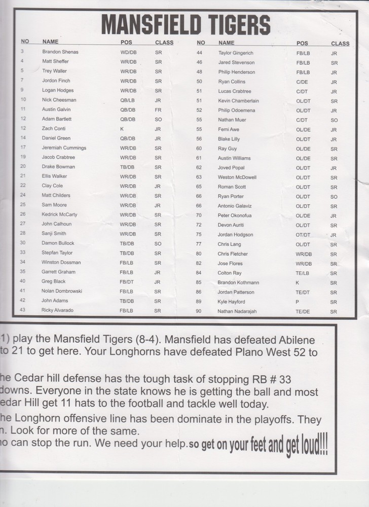 2008 Texas High Football Playoffs program CEDAR HILL vs MANSFIELD