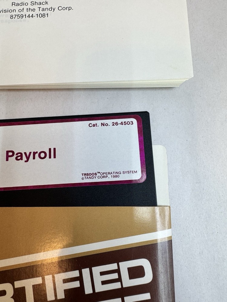 Radio Shack TRS-80 Payroll Program Diskette Certified w/ Documentation #20