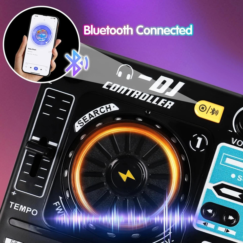 Kids DJ Mixer Controller with Bluetooth, LED Lights, Microphone - Birthday Gift