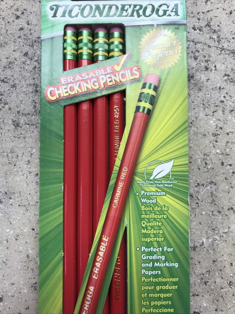 Ticonderoga Erasable Checking Pencils, Eraser Tipped, Pre-Sharpened, 4/Pack, Red