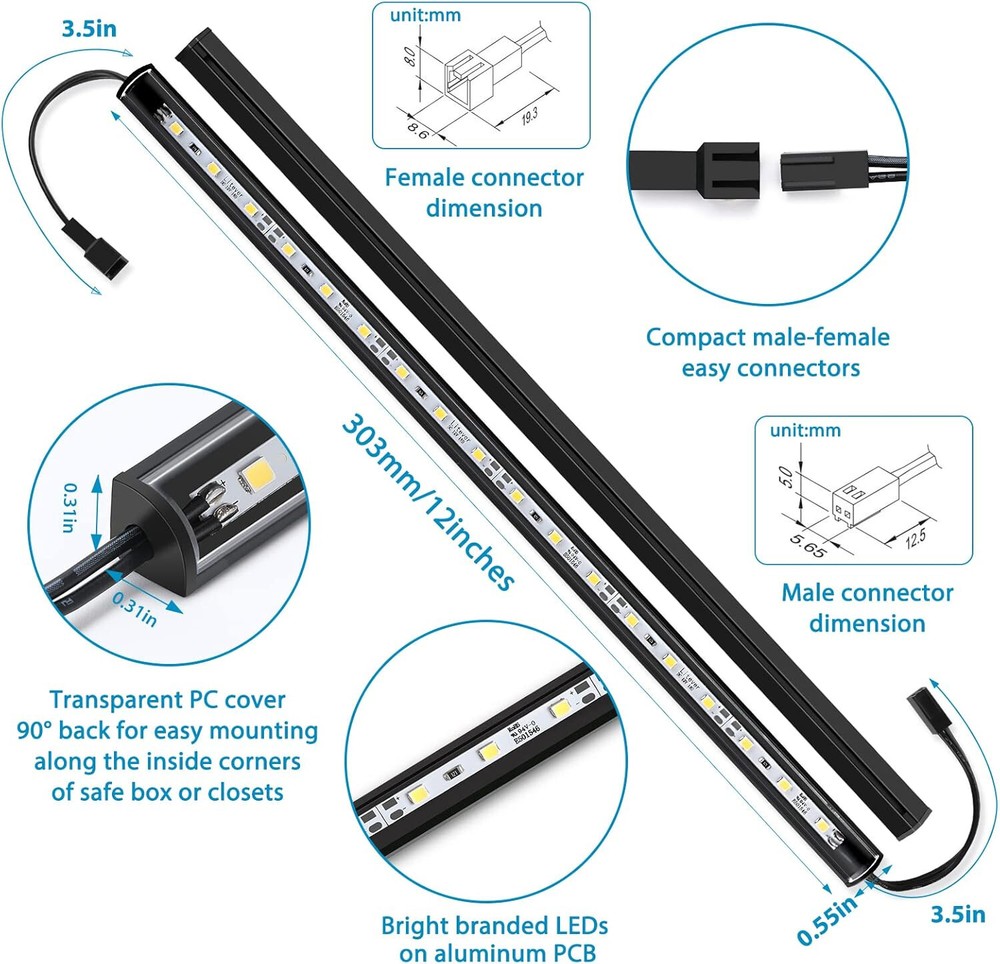 6 Slim LED Light Bars. Linkable Extendable Plug-in for Gun Safe, Locker, Closet