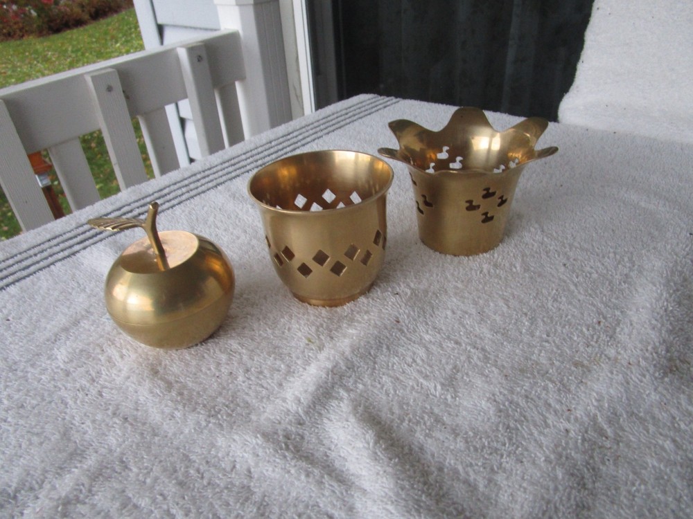 SET OF 3 ~SOLID BRASS ~ [ APPLE DESIGN STASH BOX ]~+PIERCED CANDLE HOLDERS!!!