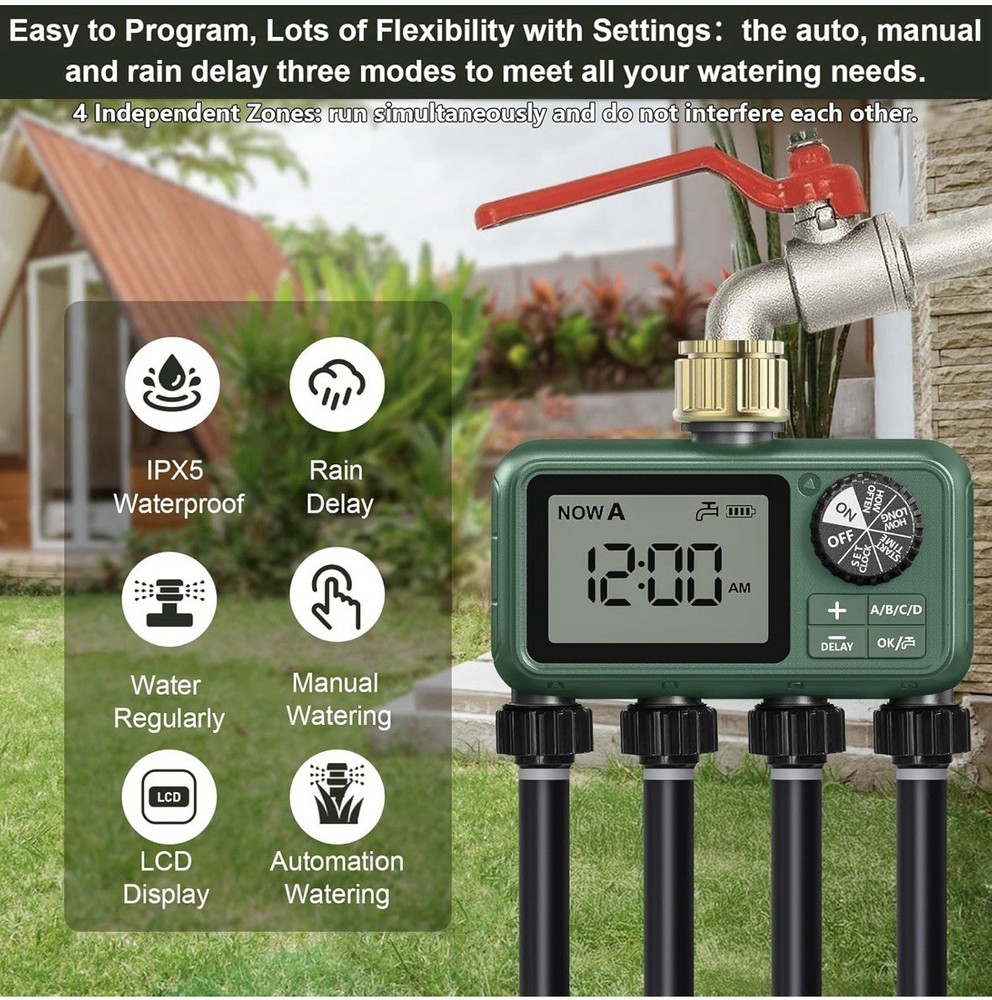4 Outlet Sprinkler Timer Brass, Programmable Garden Hose Timer with Rain Delay,