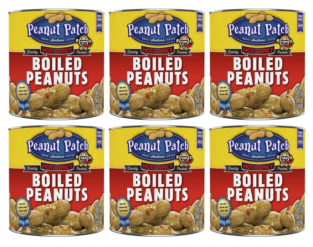 6 Pack Peanut Patch Hot & Spicy Boiled Canned Peanuts Snacks Size 25 oz Cans