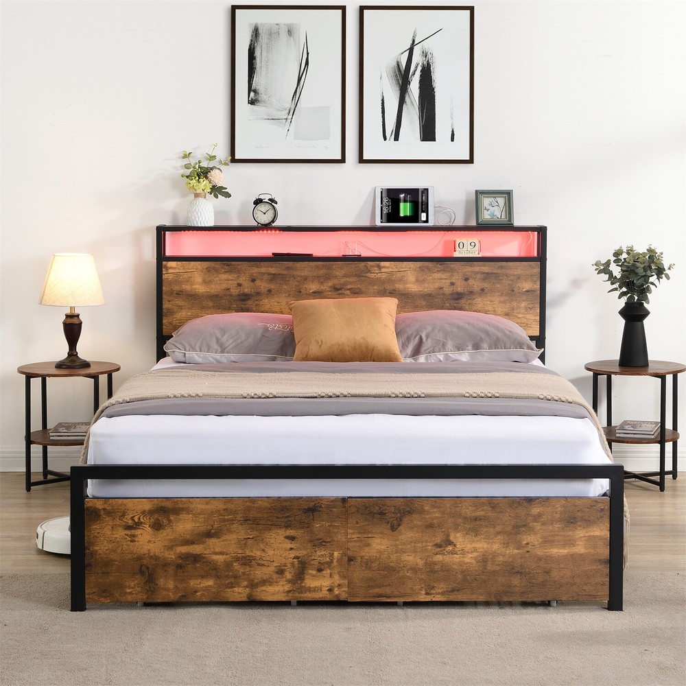 Full Size LED Bed Frame with Storage Headboard & 2 Drawers Metal Platform Bed