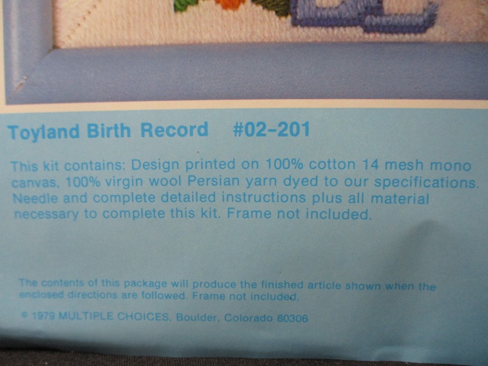 1980 Multiple Choices Needlepoint Kit - Toyland Birth Record - Long Stitch