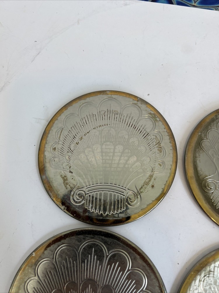 VTG Silver Plated 7 Piece 6 Coaster Set & Holder Etched With Shell Design