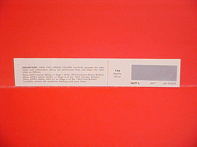 1965 AMC MARLIN FASTBACK HARDTOP MARLIN SILVER CODE 14A PAINT CHIPS 65