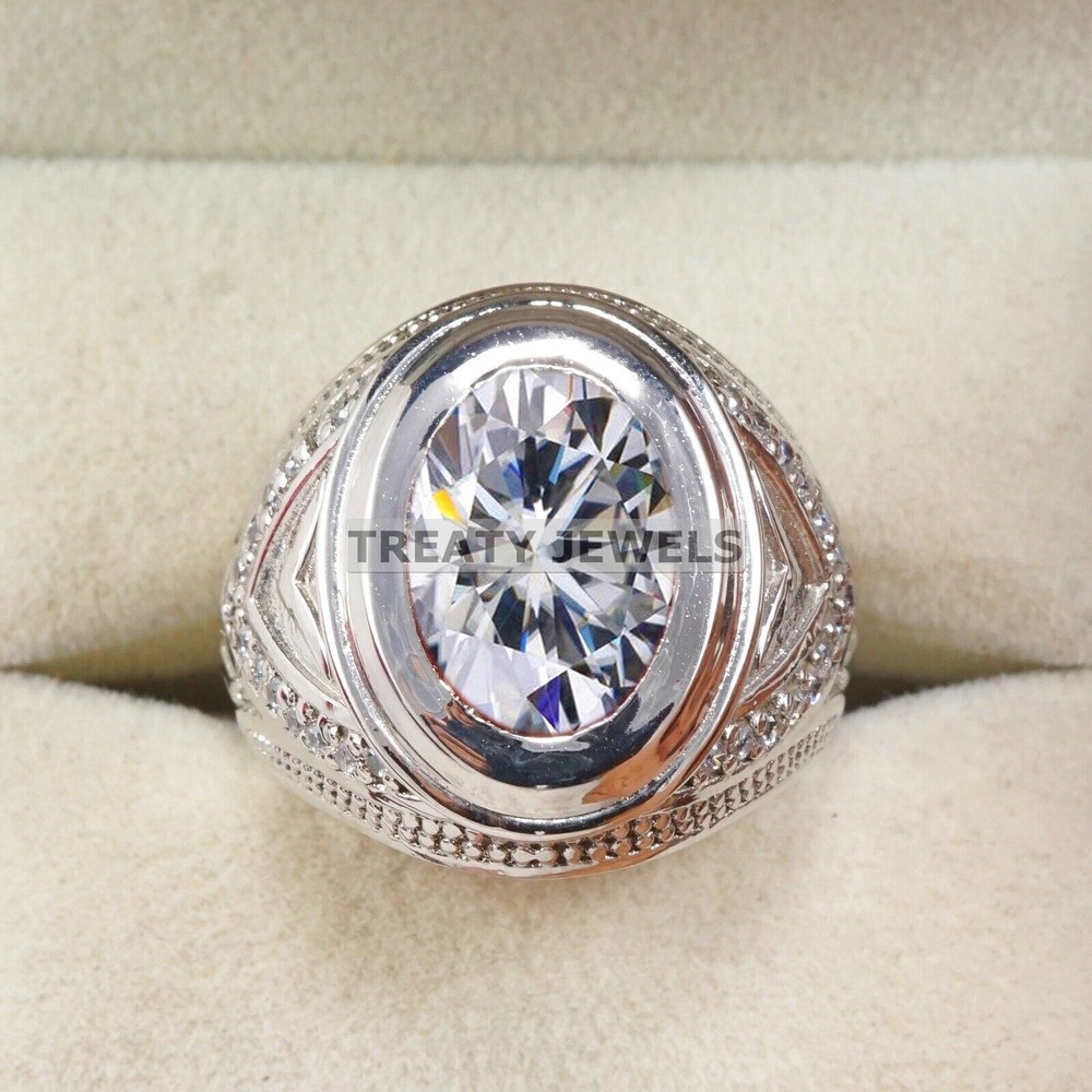 Moissanite Oval Cut Gemstone With 14K Solid White Gold Ring For Men's #B311