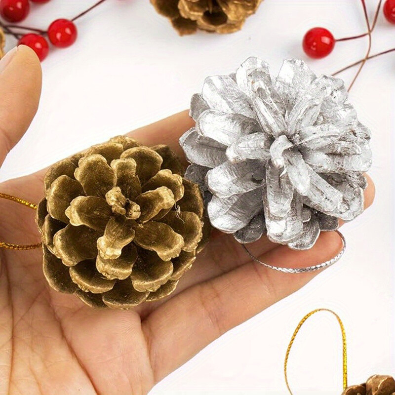 7pcs Holiday Time Mini Pinecone Ornaments Glitter Sparkle Silver Winter Decor