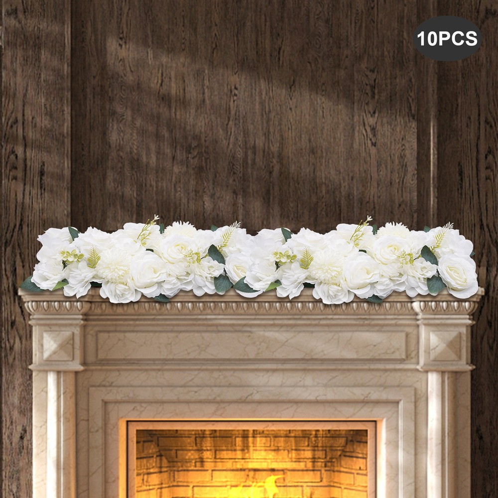 10Pcs White Artificial Rose Flower Table Runner Sweetheart Table Reception Decor