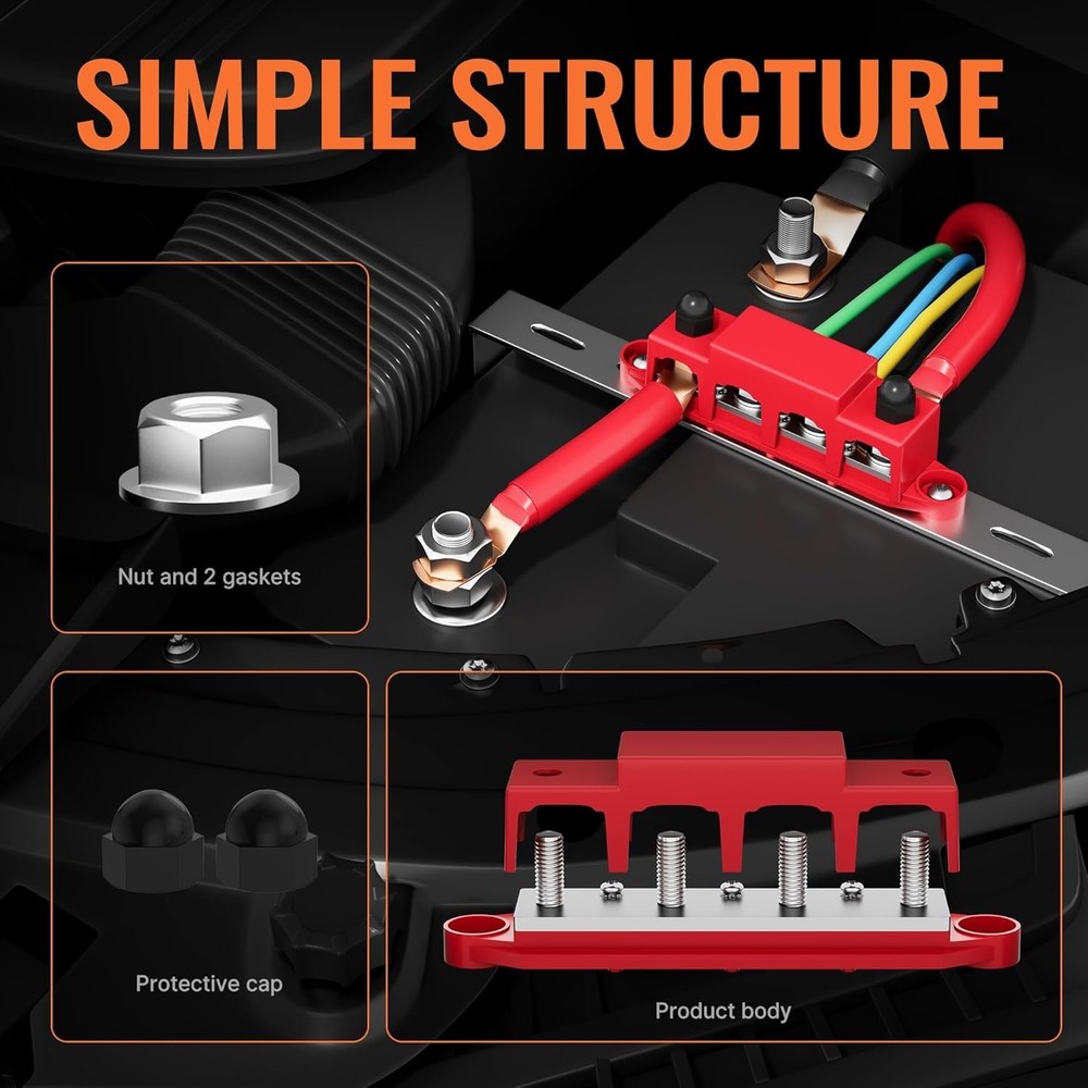 Bus Bar 12V Power Distribution Block - 4 x 3/8" Studs