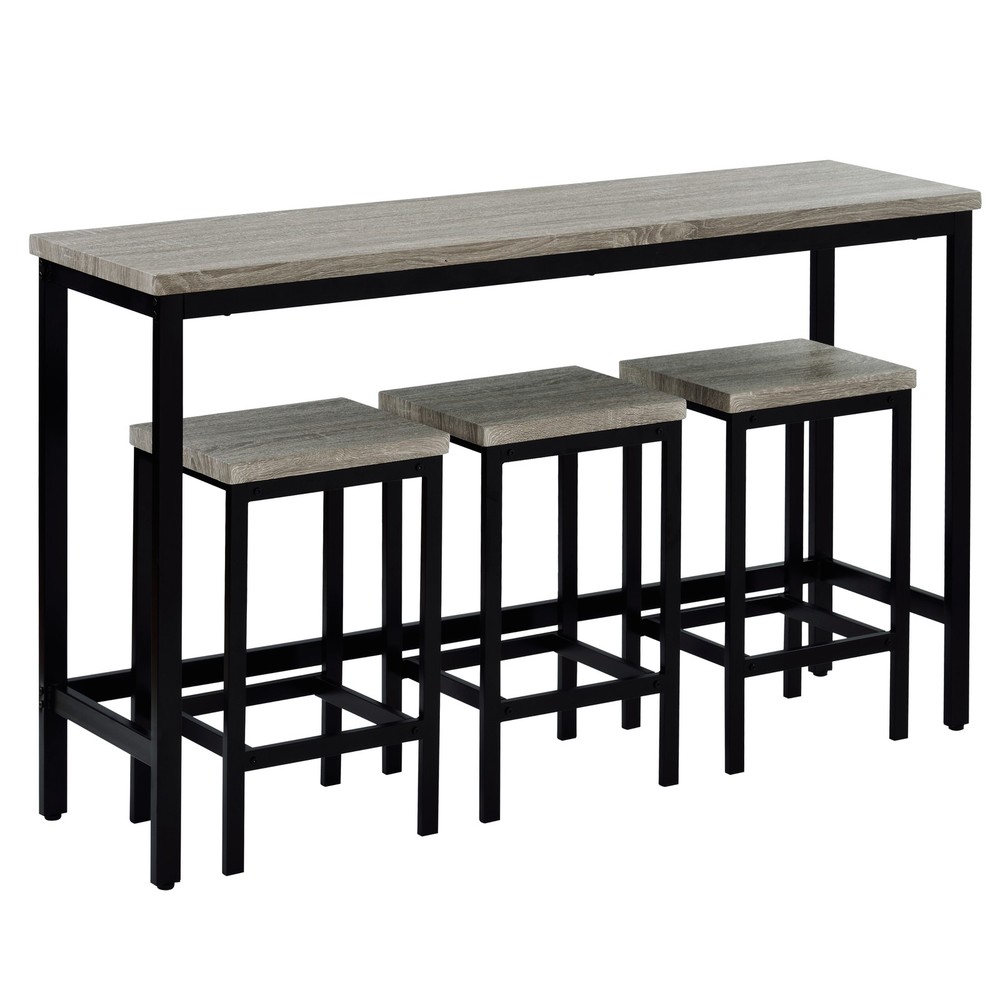 Three-piece set, long dining table with counter height and three stools, grey