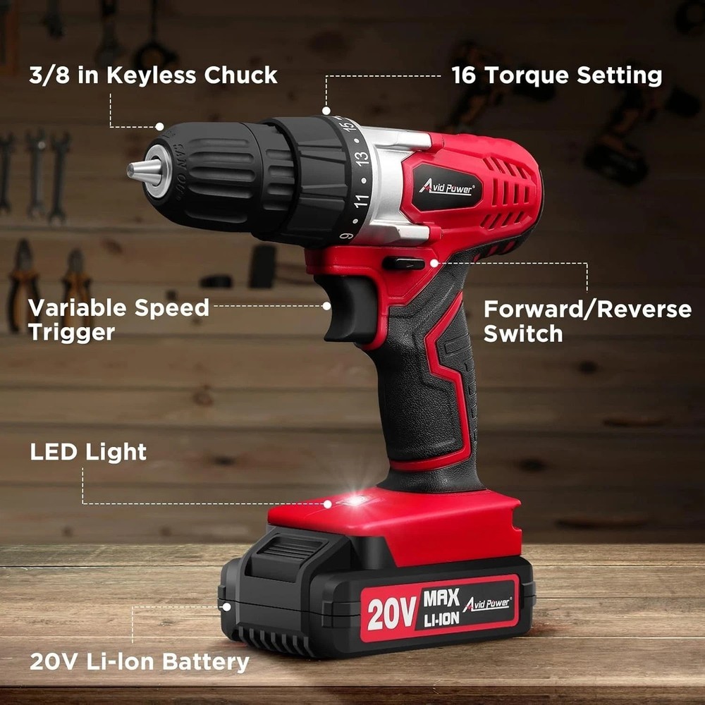 Lightweight 20V Cordless Drill Set with 22 Accessories for DIY Projects