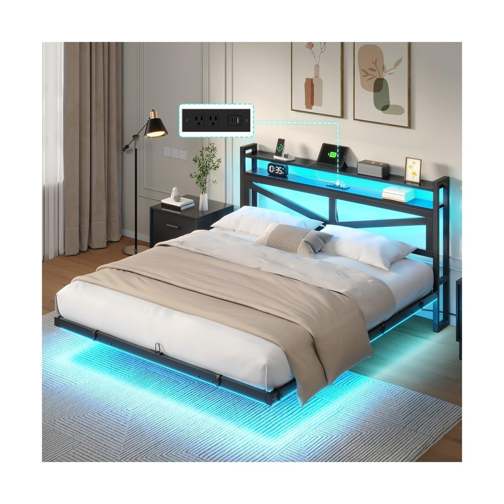 YITAHOME Full Size Floating Bed Frame with USB Charging Station Storage Headb...