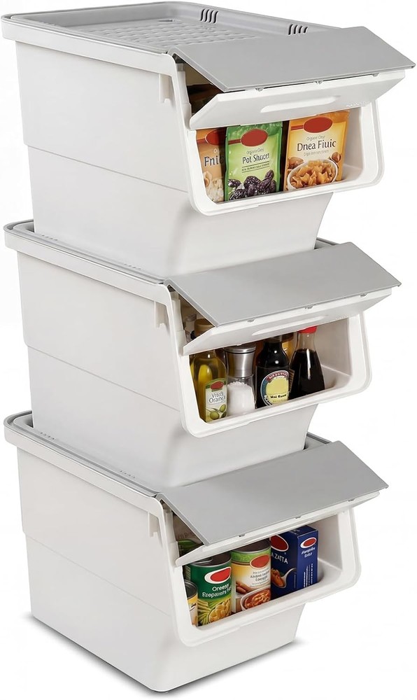Plastic Stackable Storage Bins W/ Lids & Wheels 3 Pack Open Front Stacking Bins
