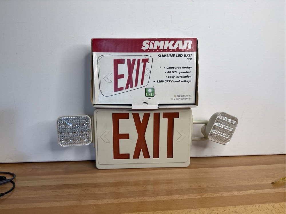 Simkar Slimline LED Exit Sign Combo Red Light Emergency Dual Voltage White