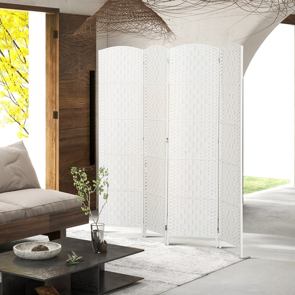 4 Weave Panel Room Divider Privacy Folding Screen Diamond Decor, White
