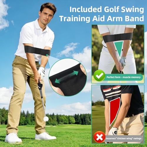 Retractable Golf Swing Trainer with Click Feedback, Grip Trainer & Arm Band