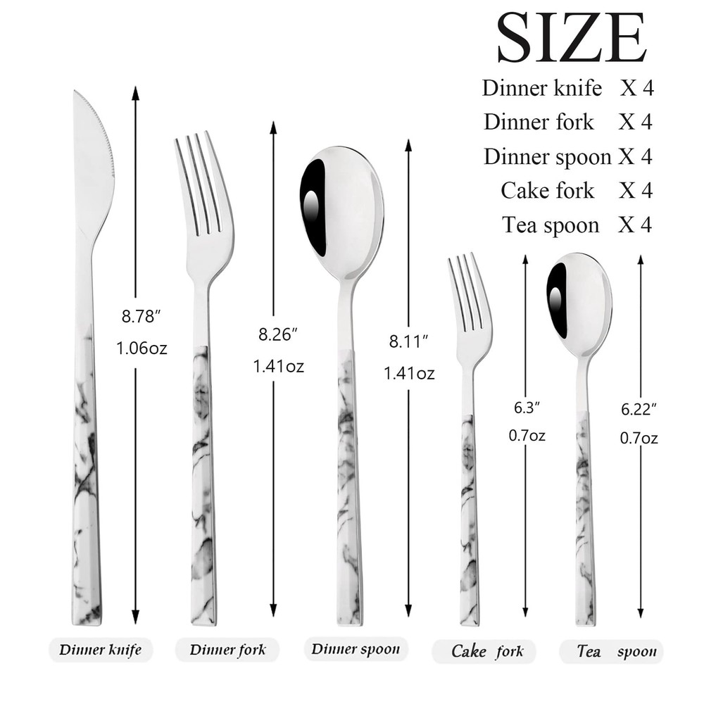 20 Piece (4 Set) Silver Stainless Steel Tableware With White Marble Handle, W...