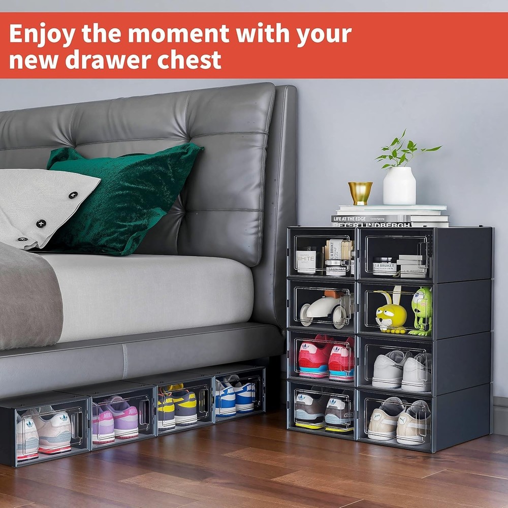 12 Pack Shoe Storage Box Fit Size 11,Clear Plastic Stackable Shoe Case Black