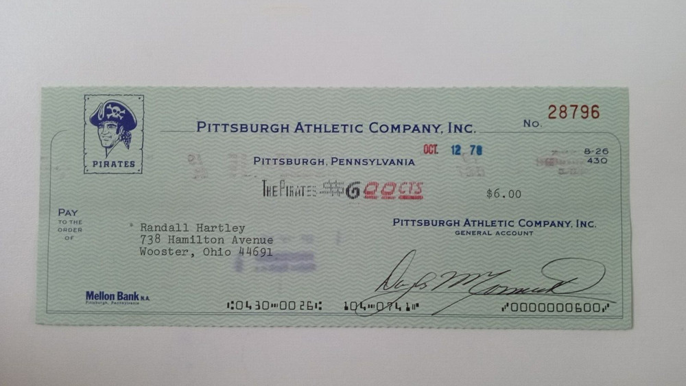 Randall Hartley: 1978 Pittsburgh Pirates Expense Check