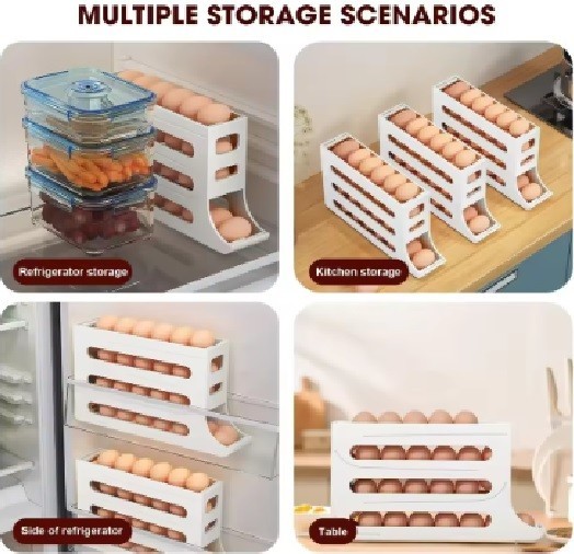 Automatic Rolling Egg Dispenser Organizer for Refrigerator 4-Tier Space-Saving