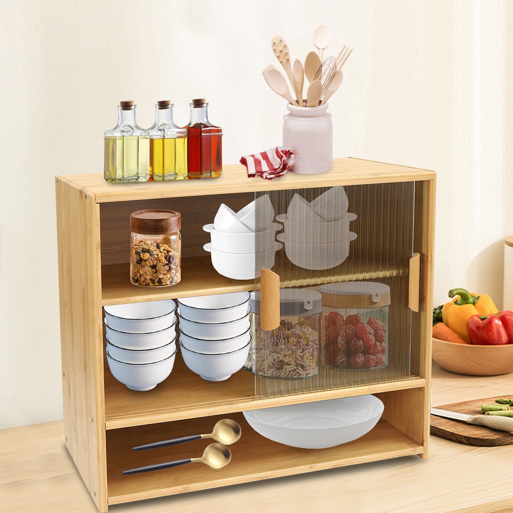 Kitchen Sideboard Bamboo Storage Cabinet with 2 Sliding Door Cupboard Sideboard
