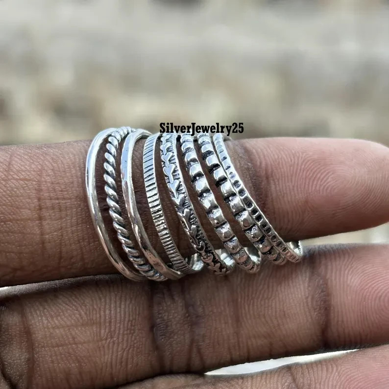 Stacking Rings Set of 8 Sterling Silver Bands - Silver Stackable Ring All size
