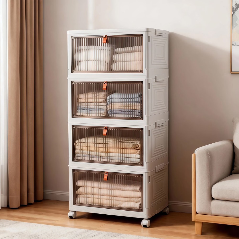 GARITIN 4 Tier 92 Qt Stackable Plastic Storage Bins w/ Lids Wheels Doors for