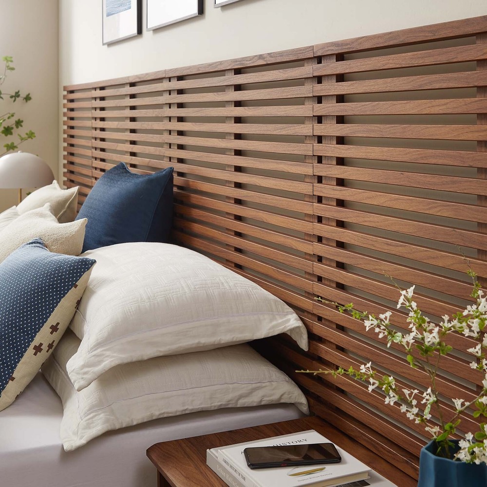 Modway Render Wall Mount King Headboard and Modern Nightstands in Walnut