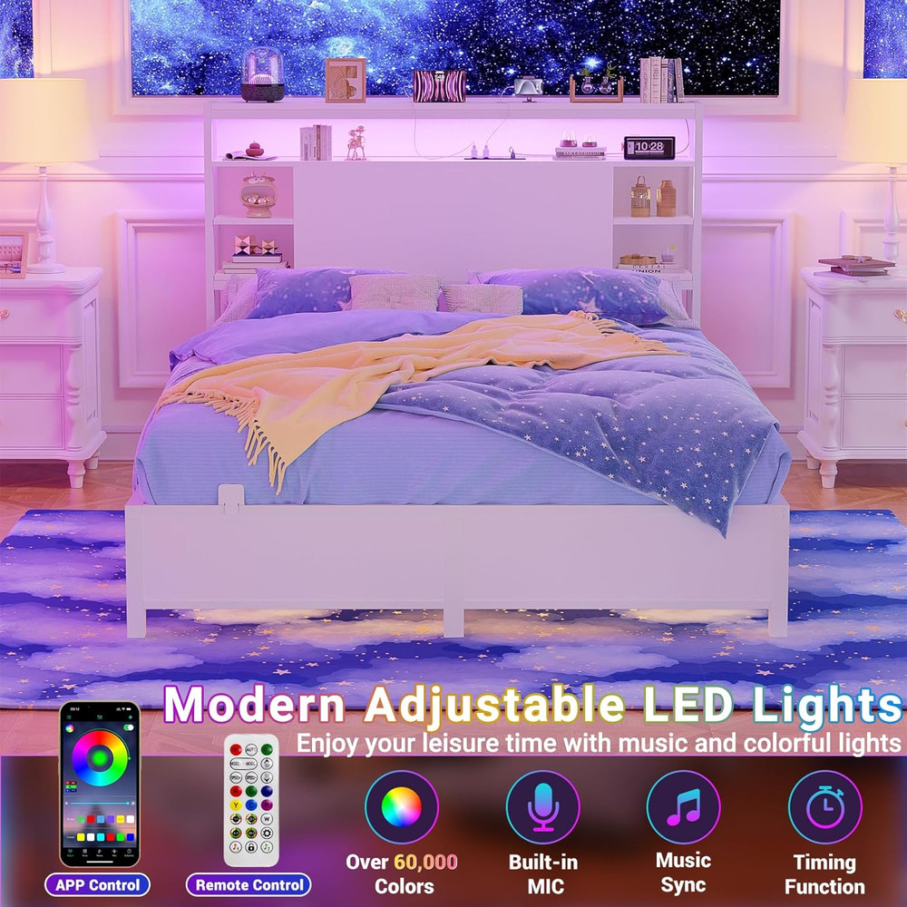 Full Size Headboard with Storage, Outlet & RGB LED Light - White