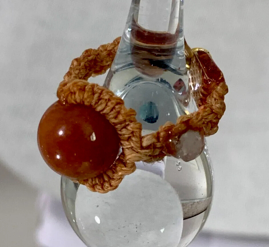 Handcrafted Tan Macramé Ring with Red Agate Stone Bead, Clamp Closure, Jump Ring