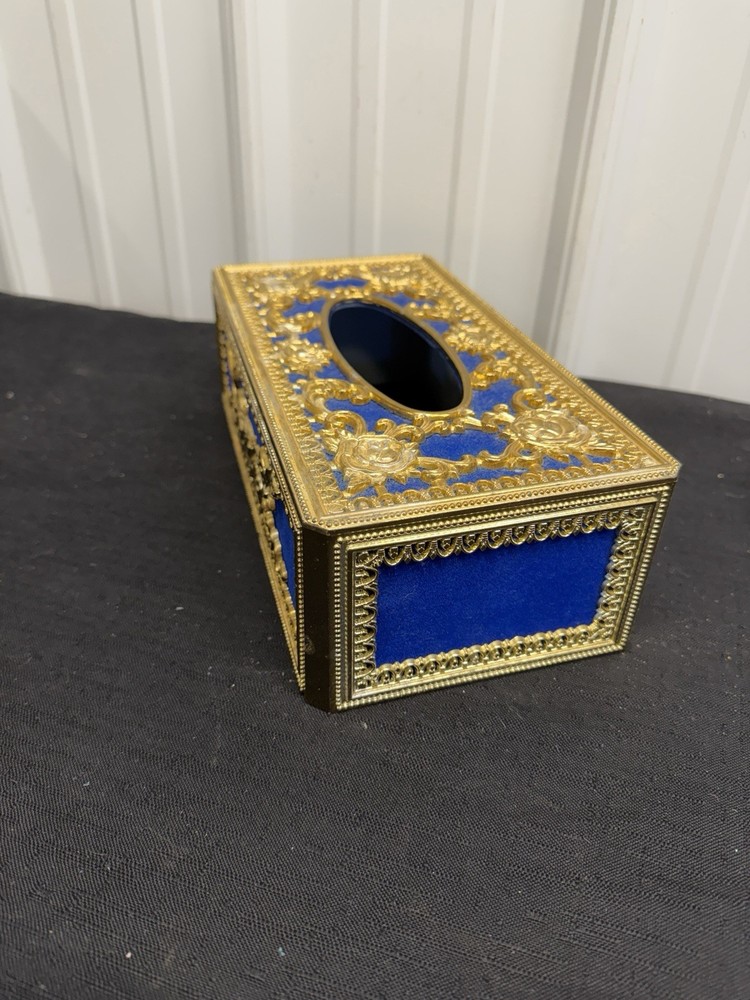 Tissue Box Cover Rectangle Gold Rose Floral Pattern Blue Felt Backing Plastic