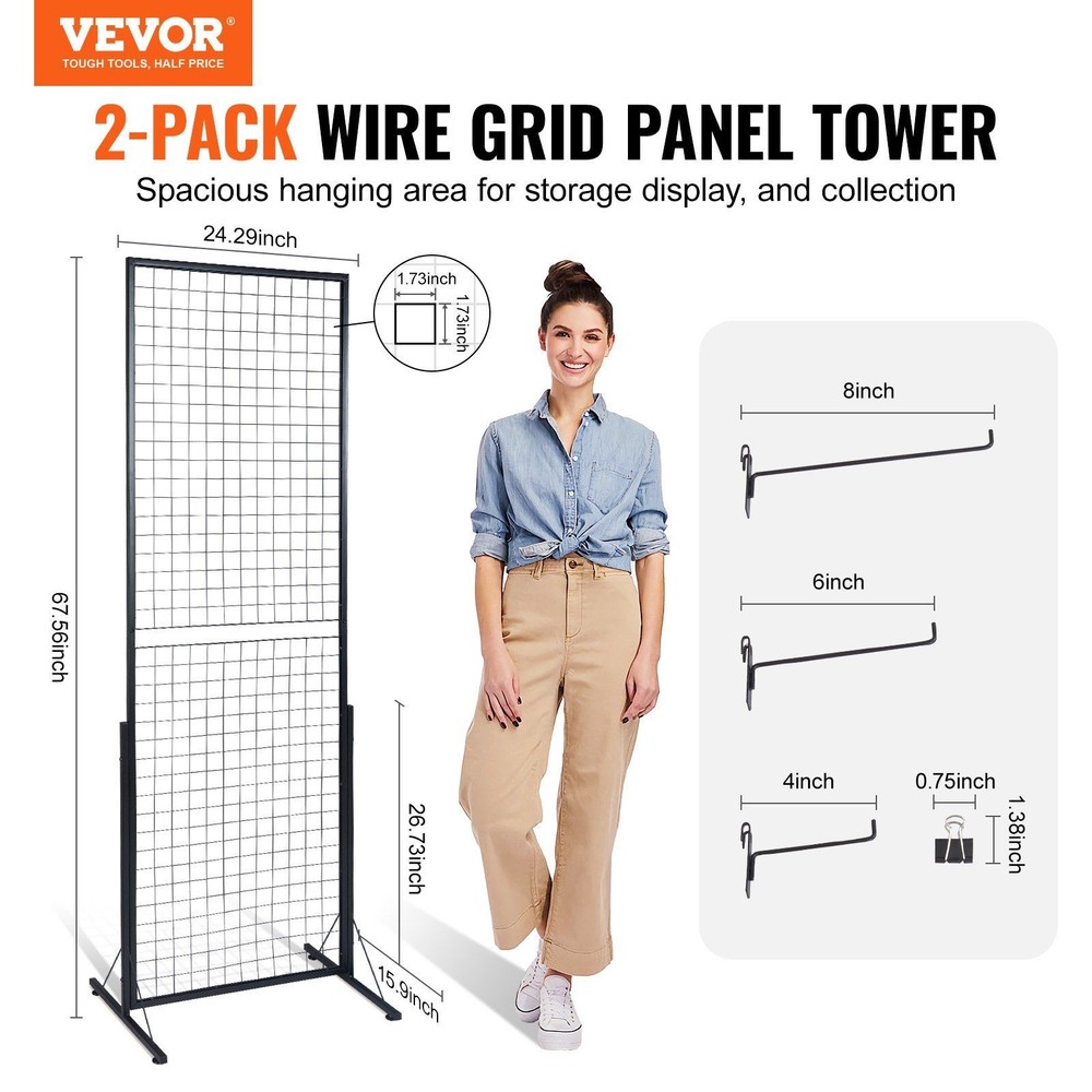 2x5.6ft Double-Sided Grid Wall Panels 2-Pack with T-Base & Clips Hooks