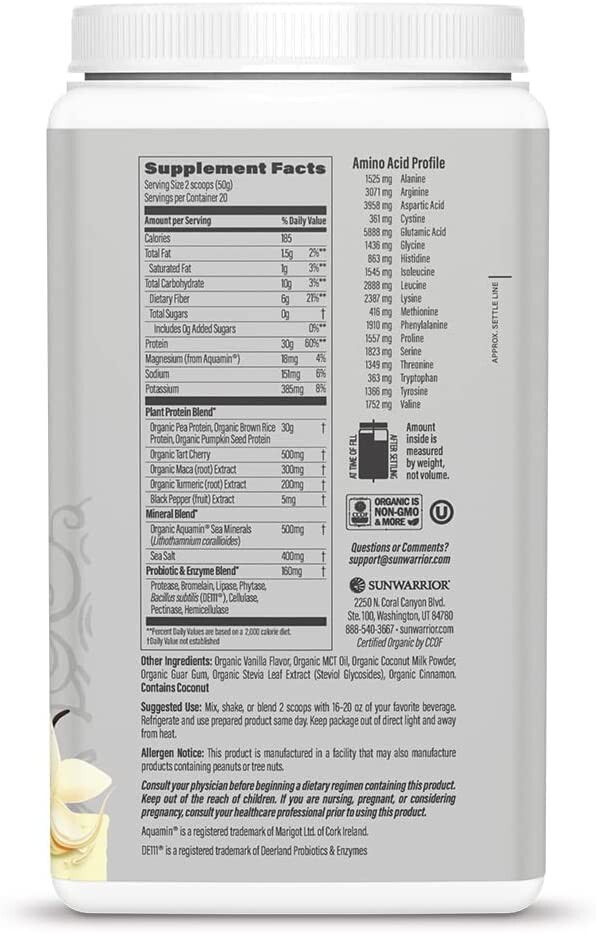 Sunwarrior Pre & Post Workout Active Protein Vegan - Vanilla Protein, 2.2 lbs