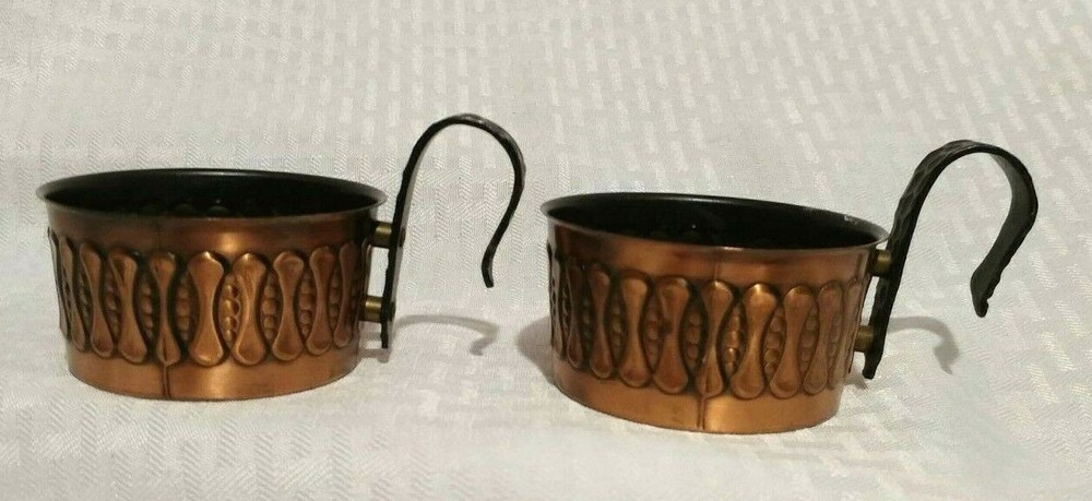 Vintage Etched Copper Cup Holders with Handle Set of two