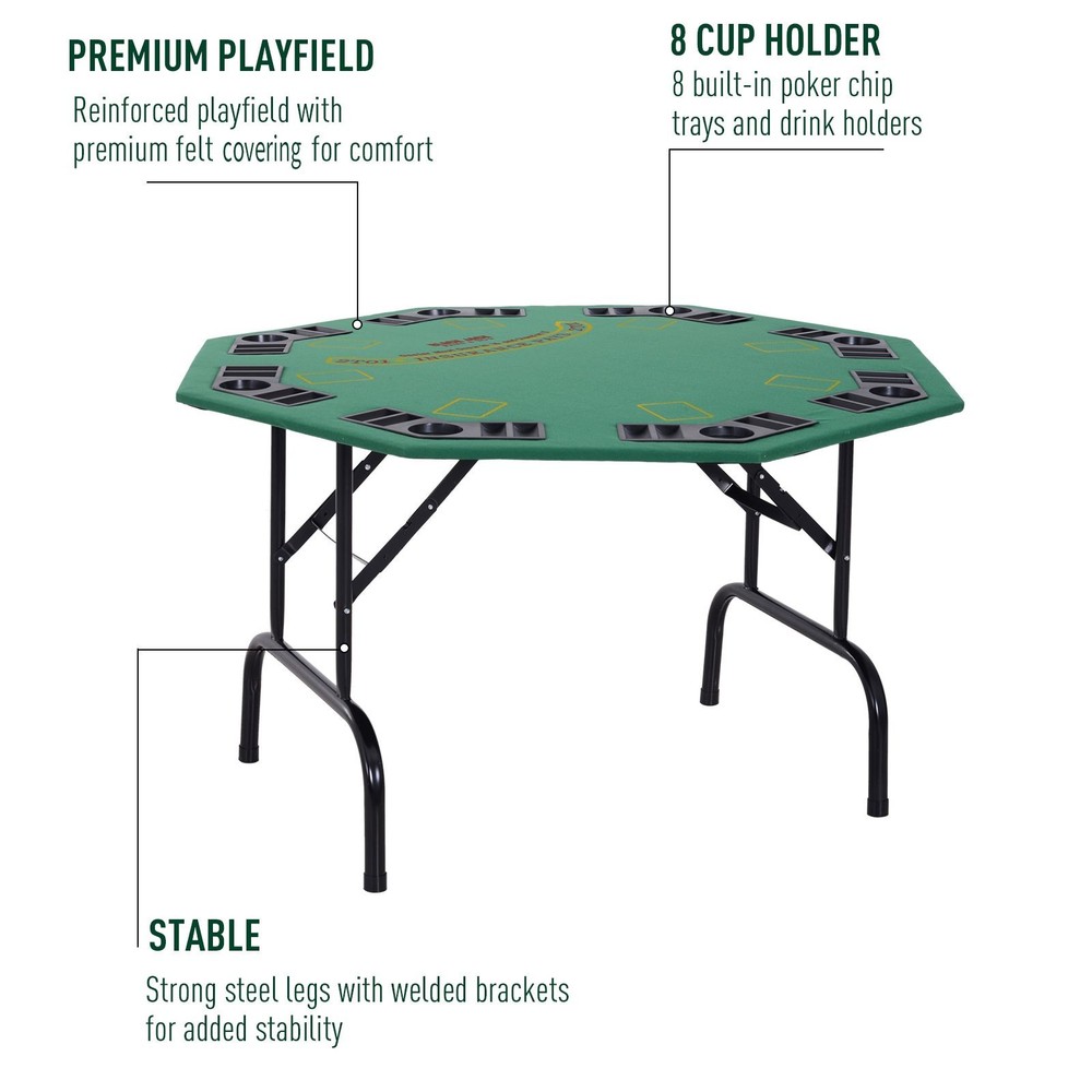 Durable MDF 48" 8-Player Poker Table Foldable with 8 Cup Holders Easy Storage