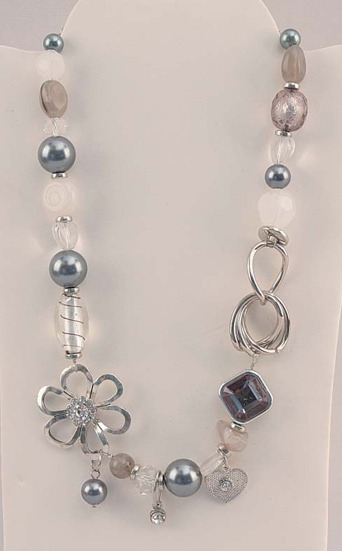 Glimmering Multiple Bead Types & Flower Shaped Ornamented Necklace 10.75" Long