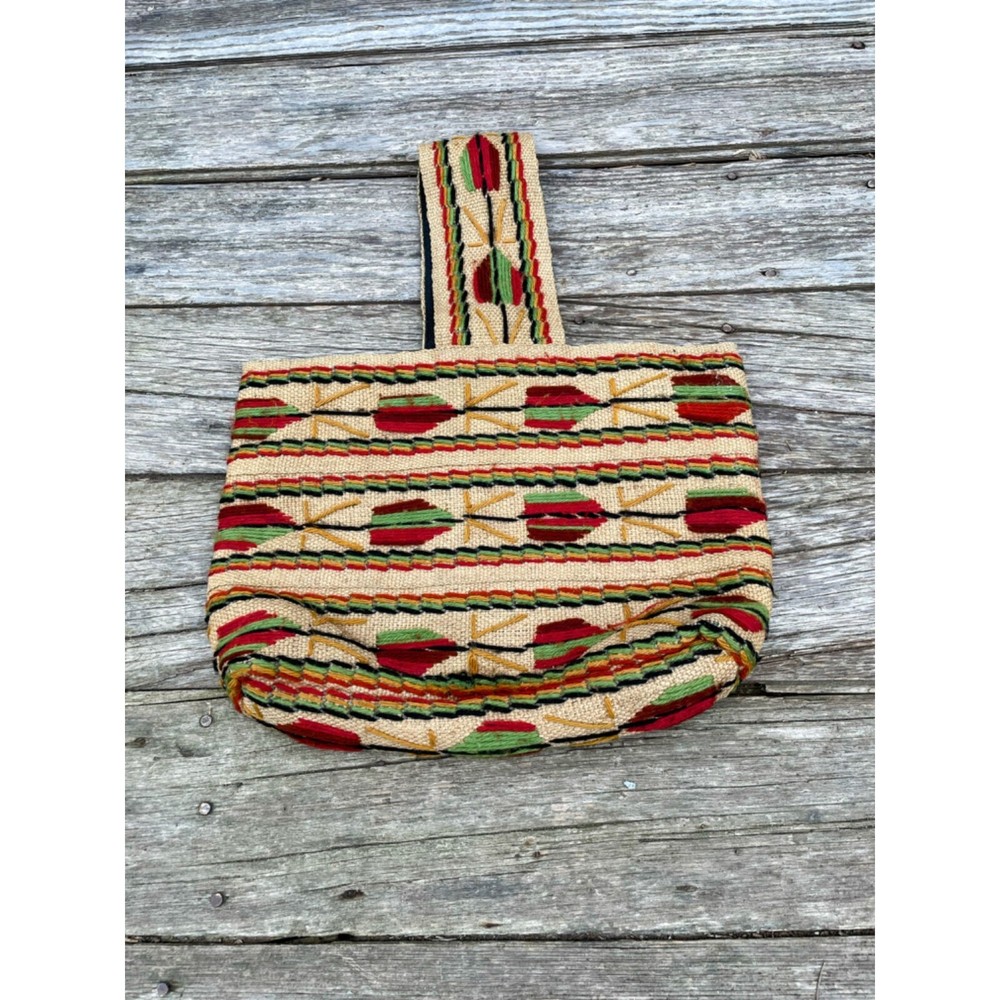 Vintage 1970s Burlap wool Embroidery Tote Bag  Boho Hippy