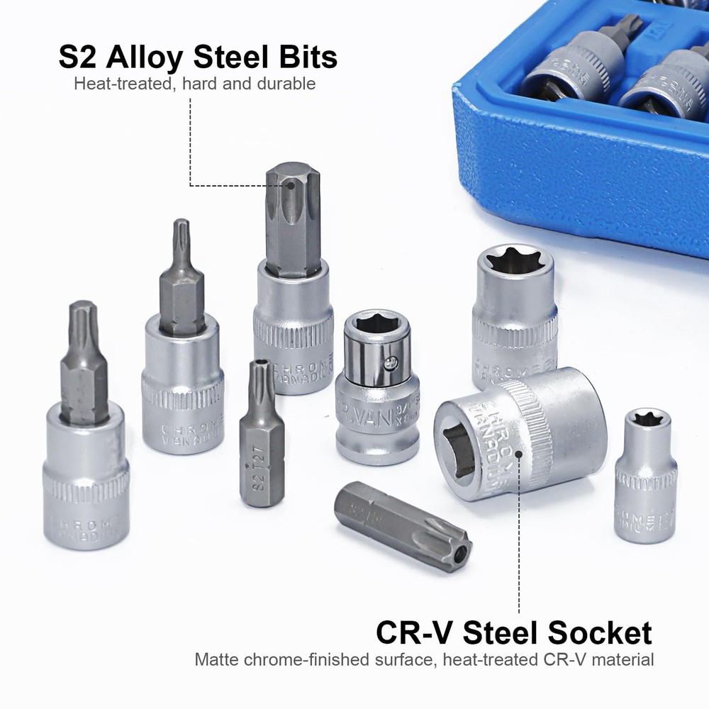 34 Pcs Torx Socket Set and Female E-Torx Star Socket Set,Include 12PCS E4-E20...