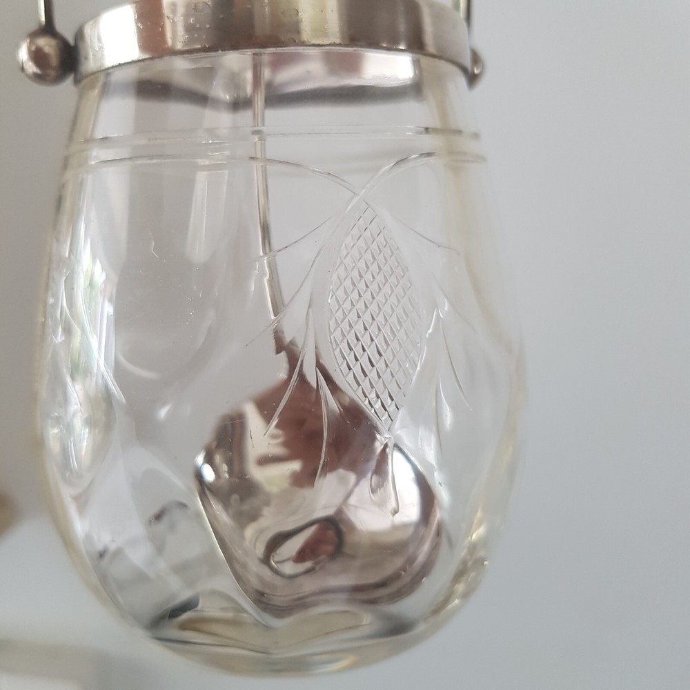 Small jam jar with silver plate hinged handle Community marked Spoon 9.5cm