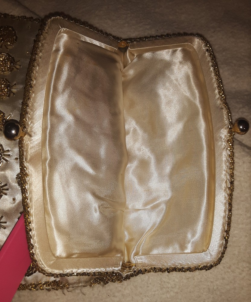 Vintage Gold Beeded Folding Clutch, Ball Snap, Silk material