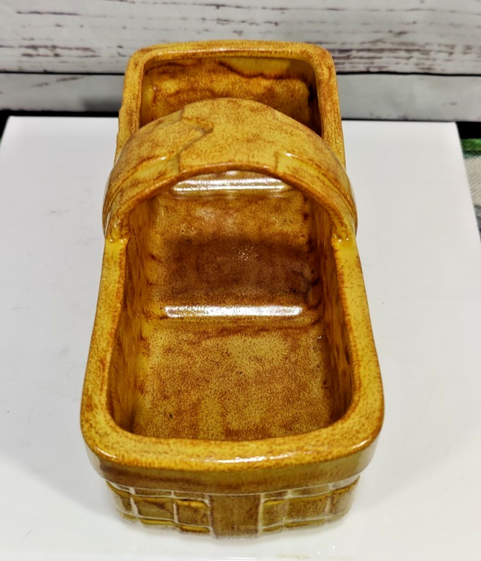 Vintage Golden Brown Painted Ceramic Rectangular Basket Shaped Planter
