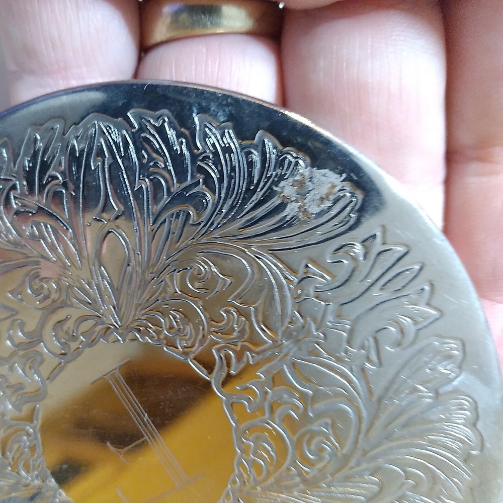 Initial F Engraved Monogram Leonard Silverplate Coasters with Holder Caddy