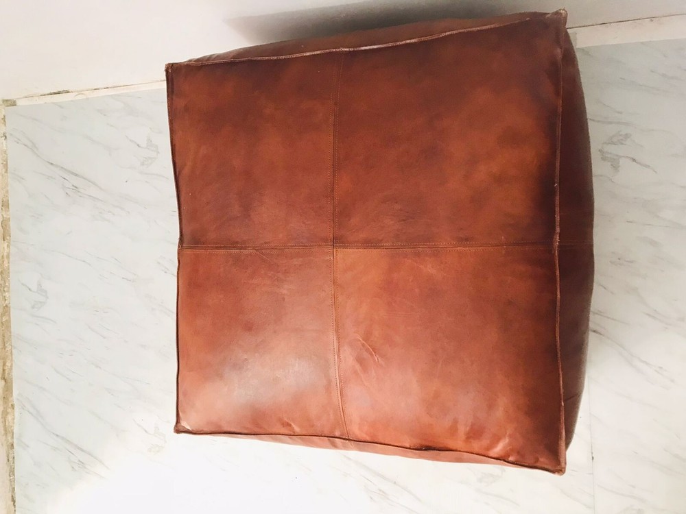 Moroccan Pouf Leather Square Light Ottoman Genuine Brown Pouffe Handmade